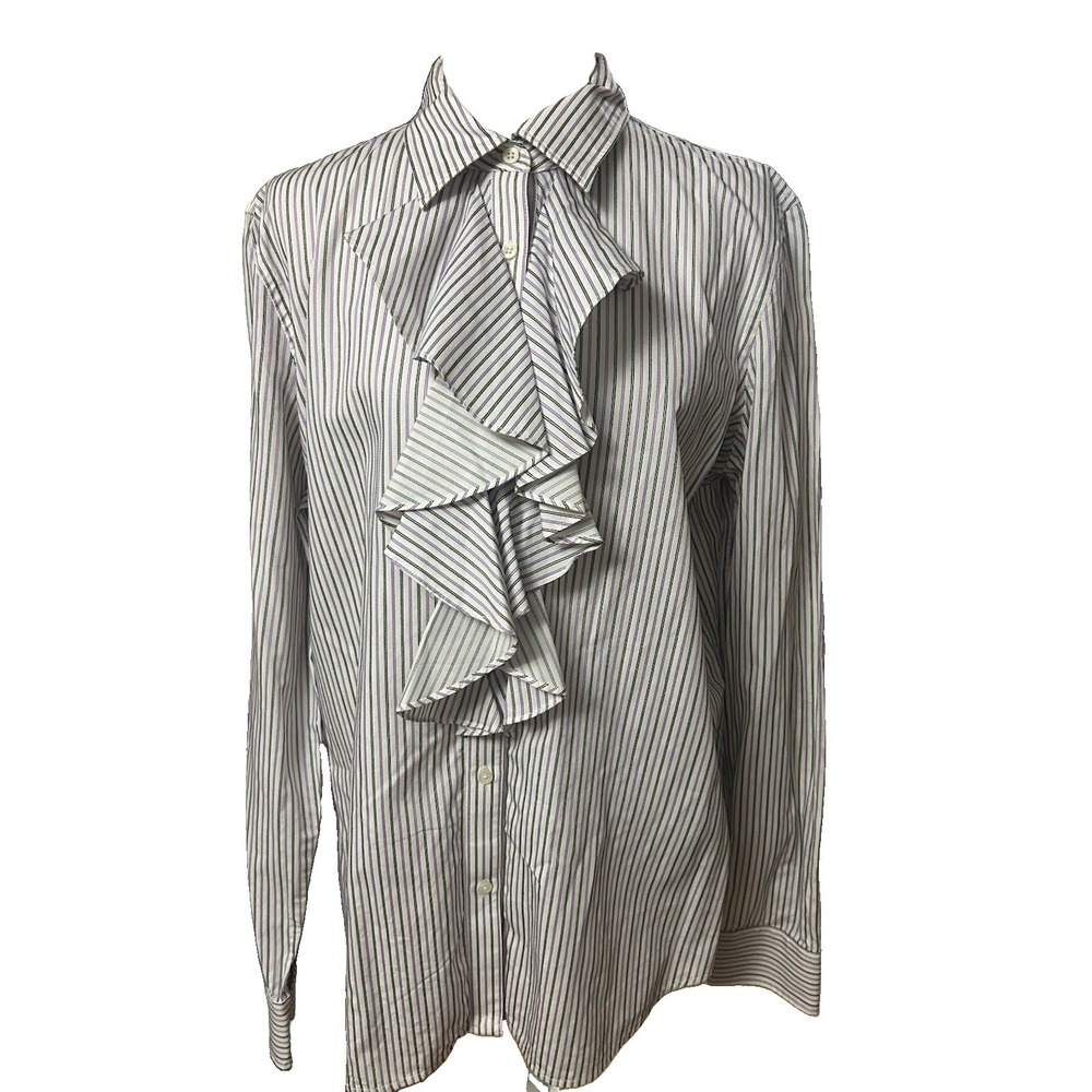 Lauren Ralph Lauren Vintage Ruffle Front Striped Button-Down Shirt Womens XL
